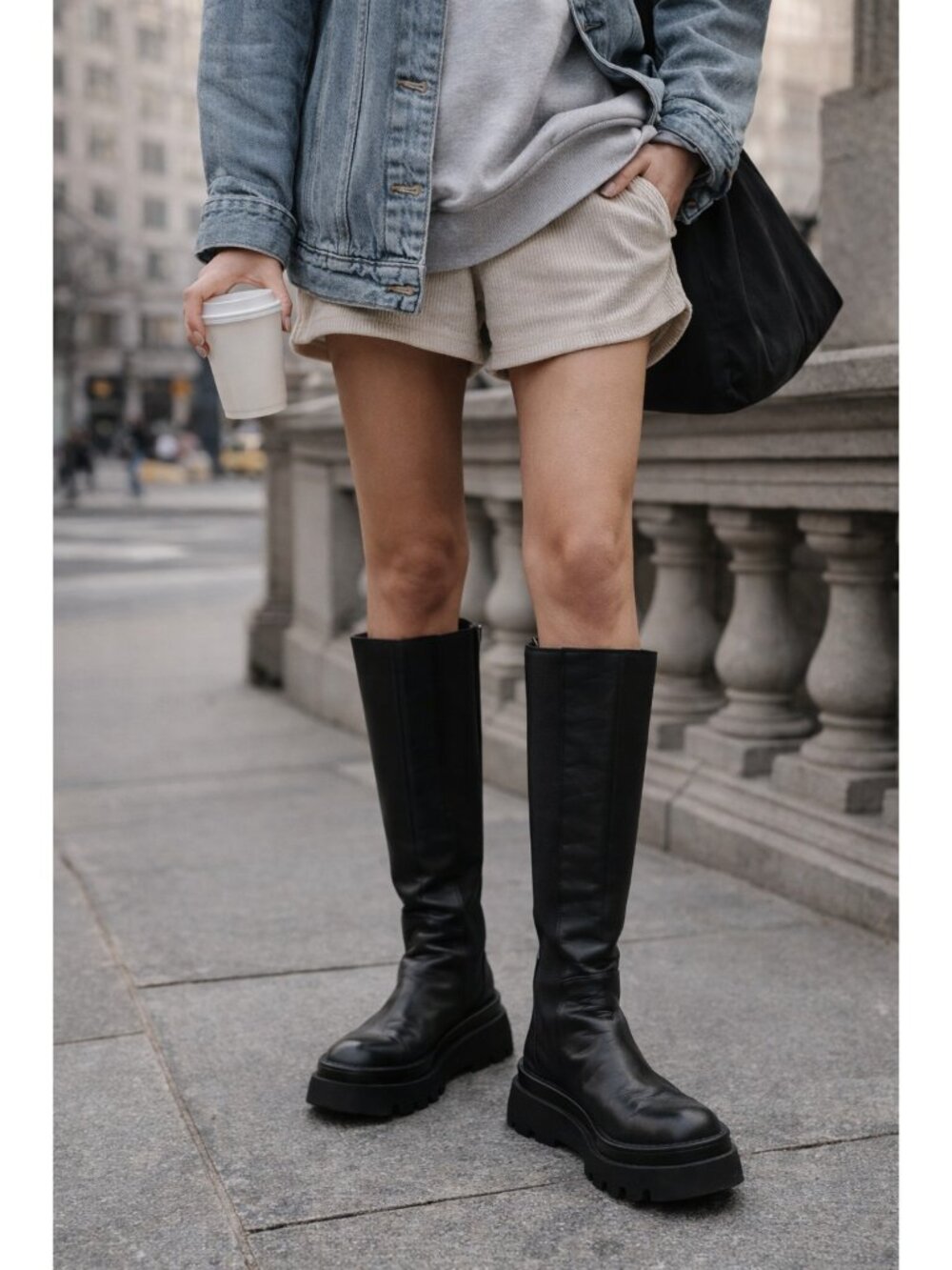 ZARA Black Leather Knee High Boots Chunky Platform Lug Sole Pull On Women Sze 41